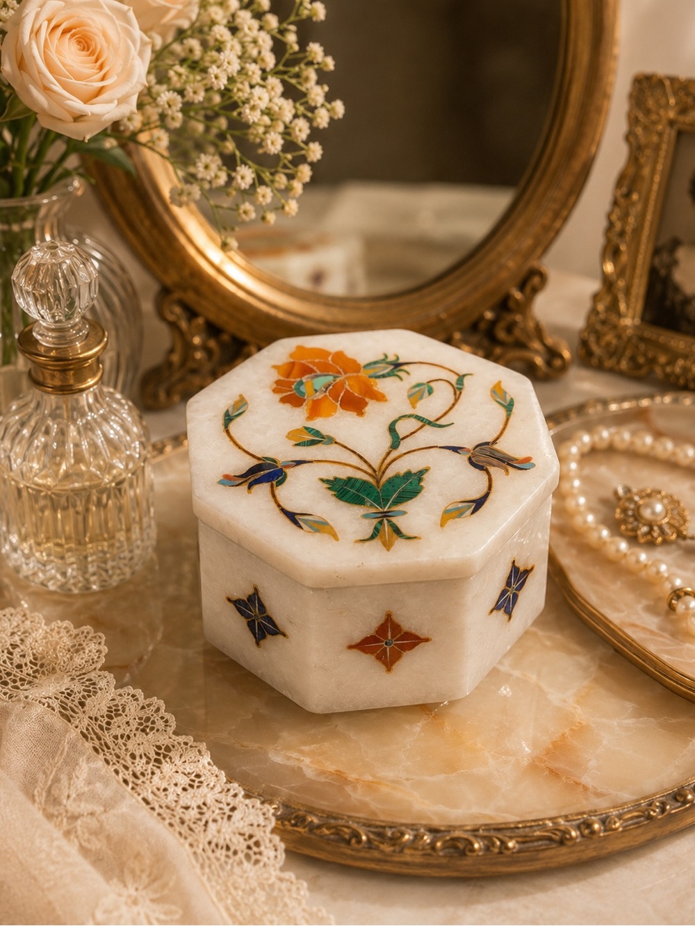 Vintage White Marble Hexagonal Jewelry Box with Colorful Floral Gemstone Inlay